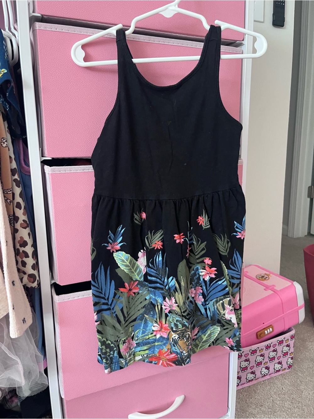 🕸️(10 for $10) Old Navy Black Dress with Tropical Blue & Green Floral Print